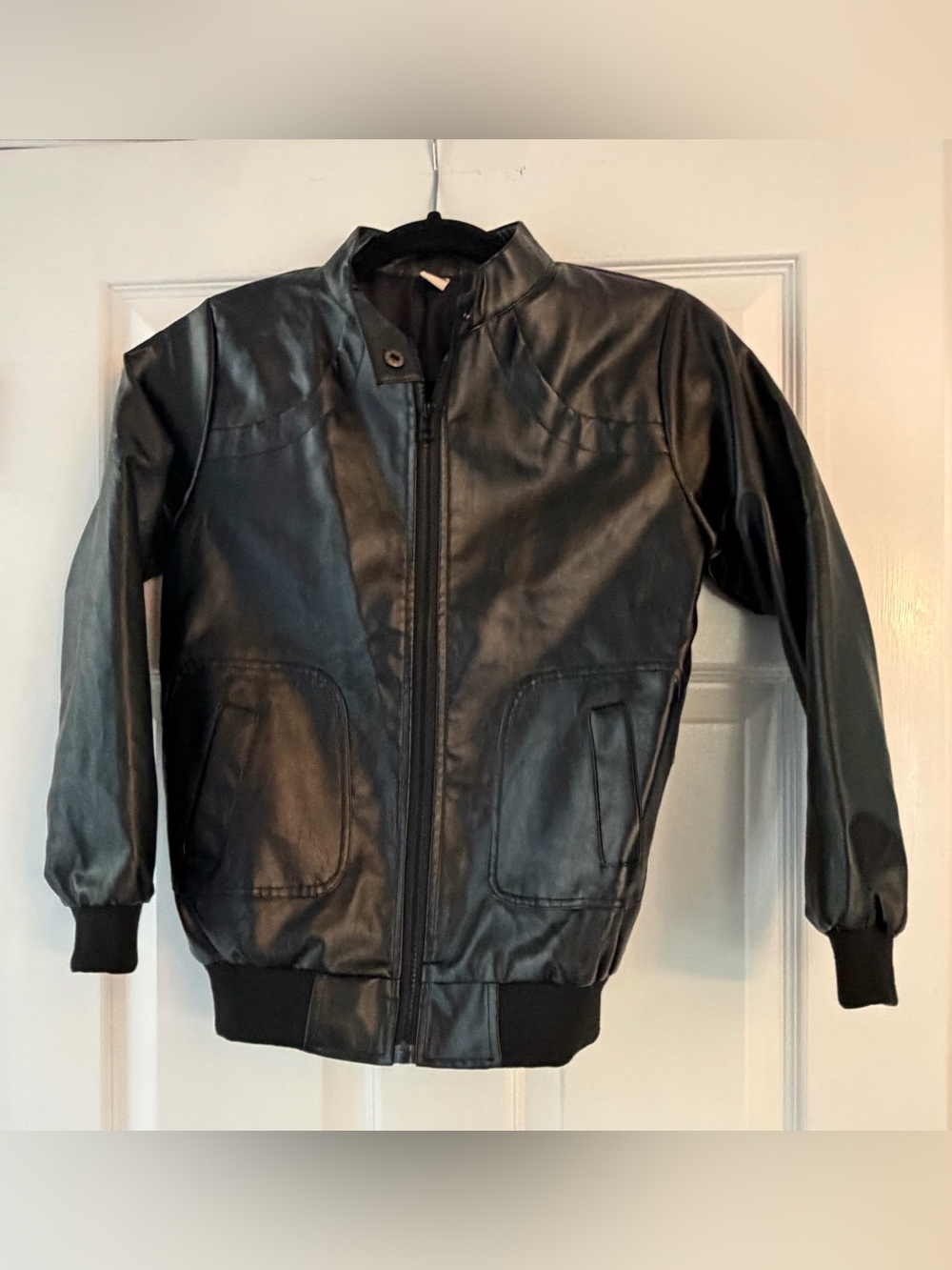 Kids Black Faux Leather Moto Bomber Jacket, Approx 10/12
